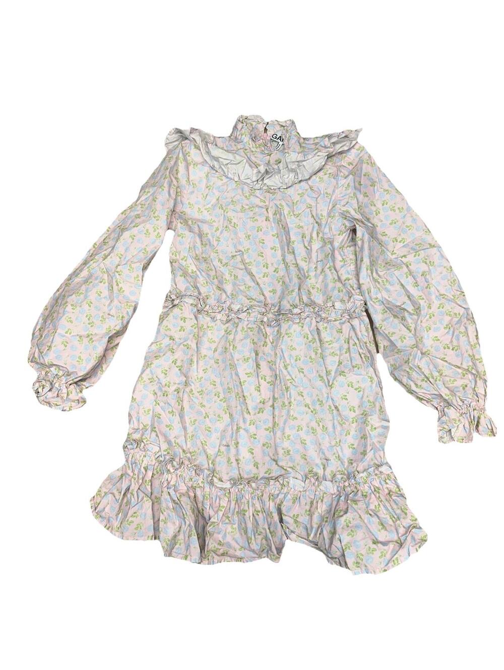 GANNI Prairie Mini Dress Small 34 Pink Blue Ruffled Neck